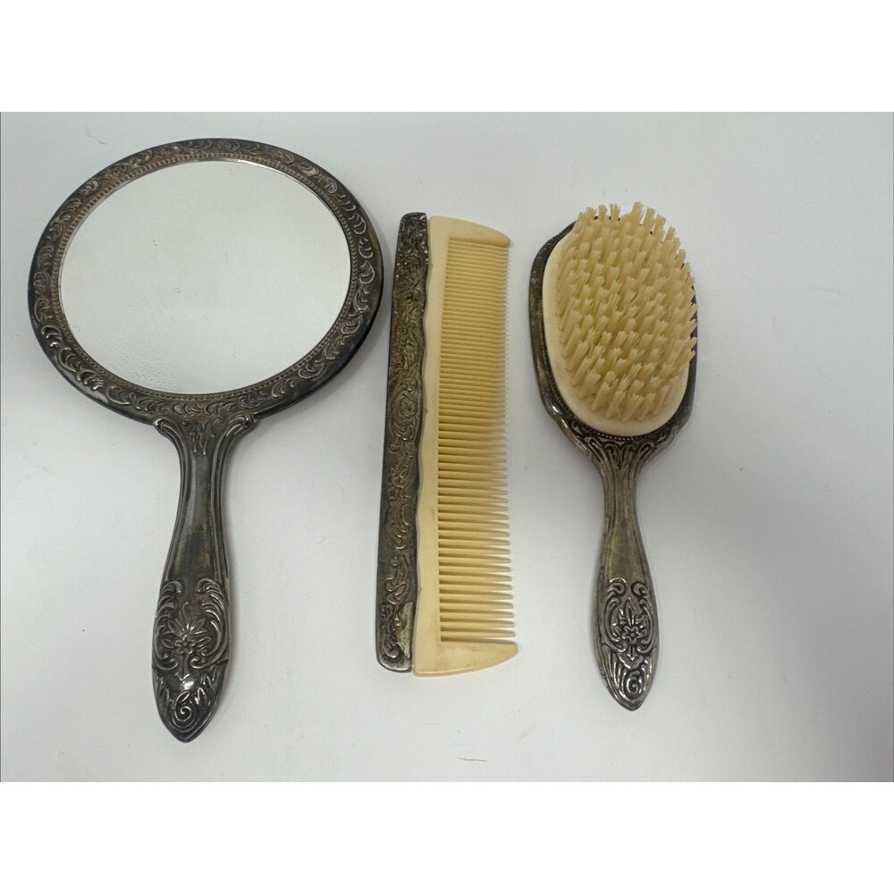 Silver Plated Vanity Set Vtg Hand Mirror Hair Brush Comb Victorian Art Nouveau